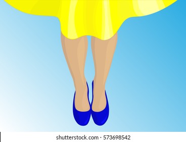 top view of beautiful slender legs in blue shoes to go low