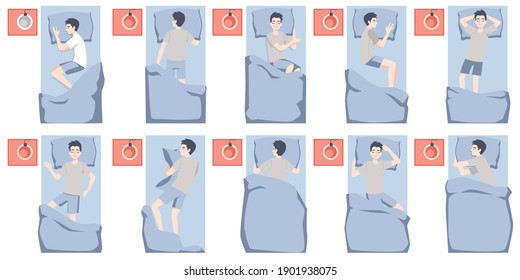 Top view of a bed with a man sleeping in various poses, set of flat vector illustrations isolated on white background. Night resting poses collection.