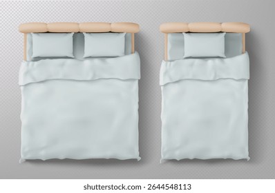 Top view bed mockup with white bedding. Realistic 3d beige headboard, pillows and blanket from above on transparent background for interior design, furniture catalog or bedroom decoration concept.