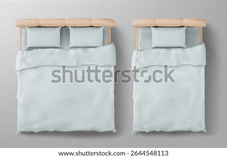 Top view bed mockup with white bedding. Realistic 3d beige headboard, pillows and blanket from above on transparent background for interior design, furniture catalog or bedroom decoration concept.