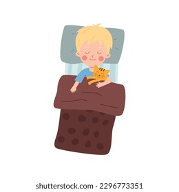 Top view of bed with sleeping boy, flat cartoon vector illustration isolated on white background. Child resting hugging his cat and smiling in his sleep.