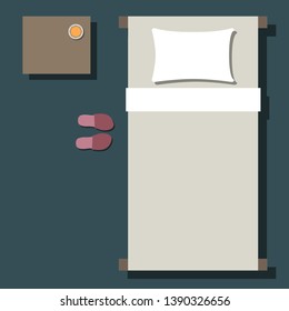 Top view of bed with slippers, minimalistic vector