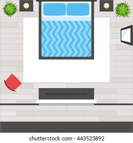Top View Bedroom with bed, furniture, red chair, mirror, wooden floor, plant and dress room. Loft  modern design interior. Apartment plan. Vector illustration flat style