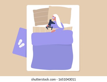 Top view bedroom interior, young female character cuddling with their dog in bed, millennials being crazy over dogs