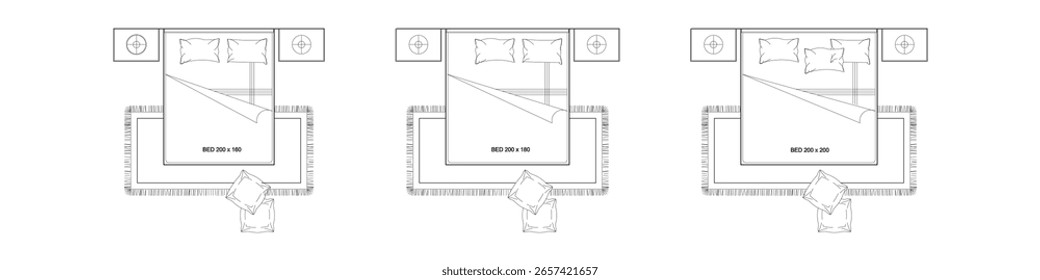 Top View Bedroom Layout with Bed, Nightstands, and Rug. Set 8