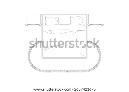Top View Bedroom Layout with Bed, Nightstands, and Rug. Set 6