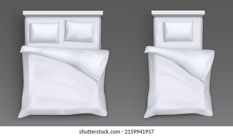 Top view of beds with mattress, white pillows, blanket and sheet. Vector realistic mockup of 3d hotel or house furniture for sleep and rest with blank linen bedclothes