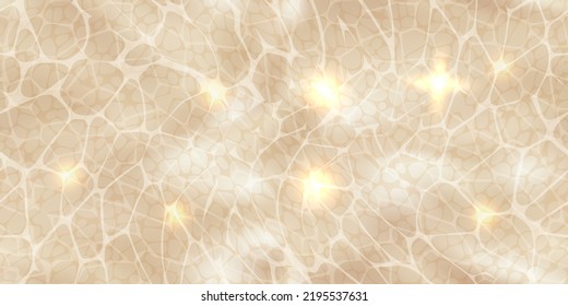 Top view beige pool seamless pattern with sunlight glare reflect, caustic ripples, shadows and waves. Water surface texture. Bright vector summer time background.