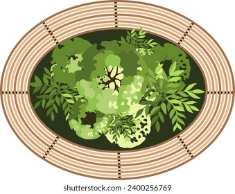 Vista superior de un banco para los planos del paisaje arquitectónico. Podrá sentarse en una banqueta con árboles y verduras. Diseño de Entourage. Vector.