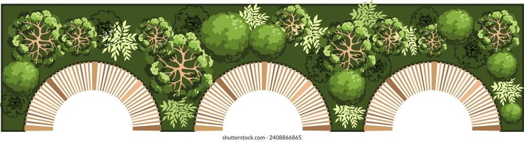Top view of a bench for the architectural landscape plans. Bench with trees and greens. Entourage design. Vector.