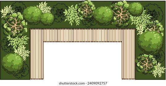 Vista superior de un banco para los planos del paisaje arquitectónico. Podrá sentarse en una banqueta con árboles y verduras. Diseño de Entourage. Vector.