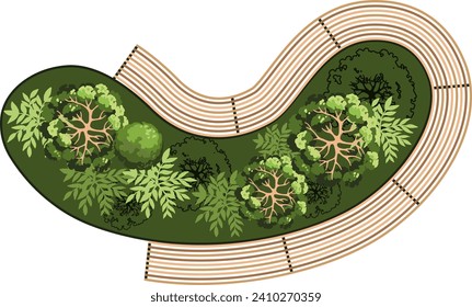 Vista superior de un banco para los planos del paisaje arquitectónico. Podrá sentarse en una banqueta con árboles y verduras. Diseño de Entourage. Vector.