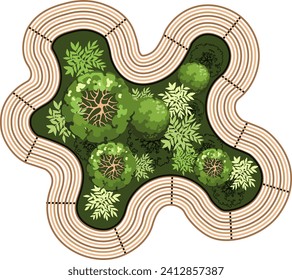 Vista superior de un banco para los planos del paisaje arquitectónico. Podrá sentarse en una banqueta con árboles y verduras. Diseño de Entourage. Vector.