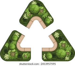 Top view of a bench for the architectural landscape plans. Bench with trees and greens. Entourage design. Vector.