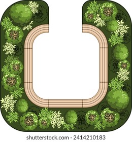 Vista superior de un banco para los planos del paisaje arquitectónico. Podrá sentarse en una banqueta con árboles y verduras. Diseño de Entourage. Vector.