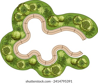 Vista superior de un banco para los planos del paisaje arquitectónico. Podrá sentarse en una banqueta con árboles y verduras. Diseño de Entourage. Vector.