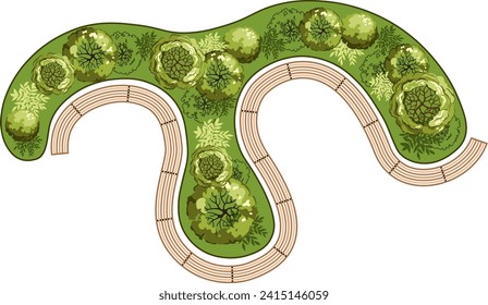 Top view of a bench for the architectural landscape plans. Bench with trees and greens. Entourage design. Vector.