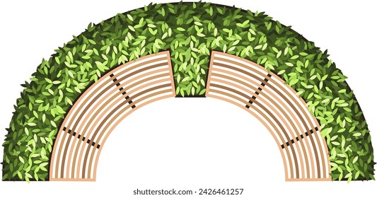 Top view of a bench for the architectural landscape plans. Bench with trees and greens. Entourage design. Vector.