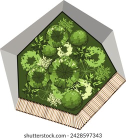 Top view of a bench for the architectural landscape plans. Bench with trees and greens. Entourage design. Vector.