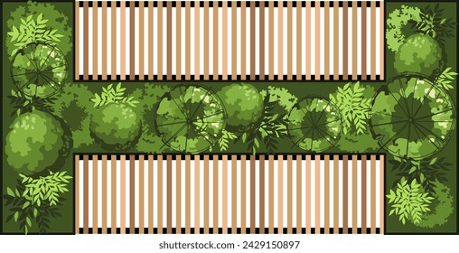 Top view of a bench for the architectural landscape plans. Bench with trees and greens. Entourage design. Vector.