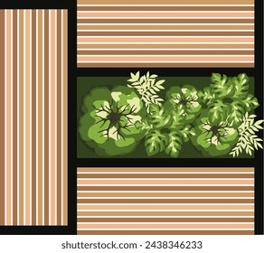 Top view of a bench for the architectural landscape plans. Bench with trees and greens. Entourage design. Vector.