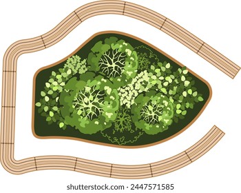 Top view of a bench for the architectural landscape plans. Bench with trees and greens. Entourage design. Vector.