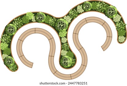 Top view of a bench for the architectural landscape plans. Bench with trees and greens. Entourage design. Vector.