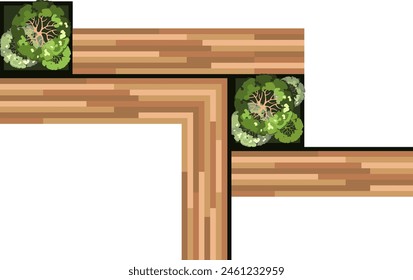 Top view of a bench for the architectural landscape plans. Bench with trees and greens. Entourage design. Vector.