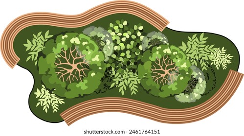 Top view of a bench for the architectural landscape plans. Bench with trees and greens. Entourage design. Vector.