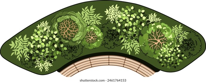 Top view of a bench for the architectural landscape plans. Bench with trees and greens. Entourage design. Vector.
