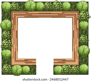 Vista superior de un banco para los Planes paisajísticos arquitectónicos. Banco con árboles y greens. Diseño de séquito. Vector.