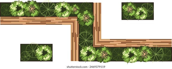 Vista superior de un banco para los Planes paisajísticos arquitectónicos. Banco con árboles y greens. Diseño de séquito. Vector.