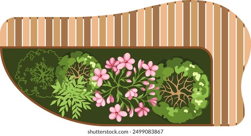 Top view of a bench for the architectural landscape plans. Bench with trees and greens. Entourage design. Vector.