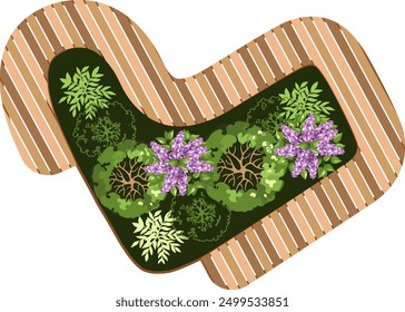 Top view of a bench for the architectural landscape plans. Bench with trees and greens. Entourage design. Vector.