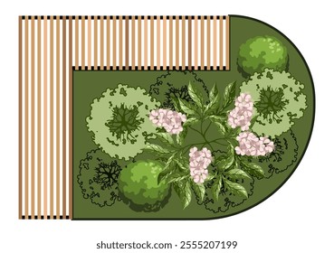 Top view of a bench for the architectural landscape plans. Bench with trees and greens. Entourage design. Vector.