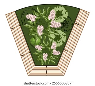 Top view of a bench for the architectural landscape plans. Bench with trees and greens. Entourage design. Vector.