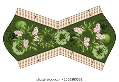 Top view of a bench for the architectural landscape plans. Bench with trees and greens. Entourage design. Vector.