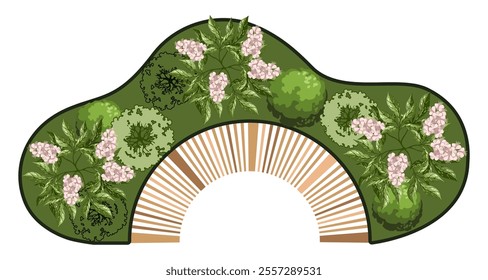 Top view of a bench for the architectural landscape plans. Bench with trees and greens. Entourage design. Vector.