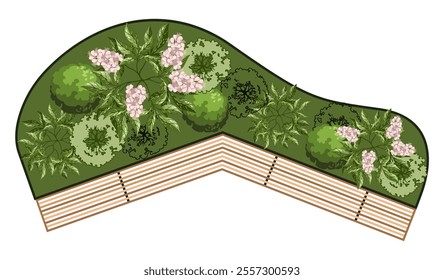 Top view of a bench for the architectural landscape plans. Bench with trees and greens. Entourage design. Vector.