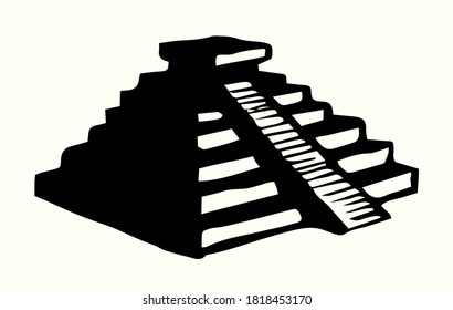 Top view big Chichenitza Tulum Kukulcan crypt built tomb white sky text space. line black hand drawn inca Peru castle step stair landscape abstract emblem design retro cartoon art doodle outline style