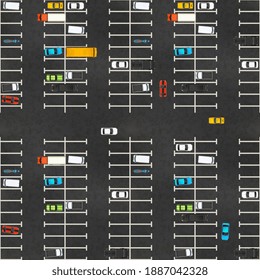 Vista superior de un gran estacionamiento con montones de coches glosos realistas sobre un patrón asfalto, sin costura