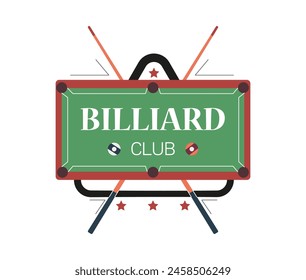 Top view of a billiard table. Vector illustration of a billiard table made of green felt, balls and cue. Ideal for logo or flyer design with space for text. Cartoon flat style, isolated background.