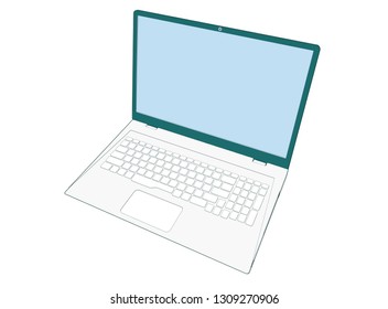 top view birds eye 45 degree angle front side modern illustration of a Laptop open 115 degree blank empty screen DVD Keyboard visible