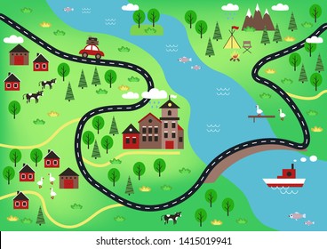 Top view or bird's-eye view or modern city plan with residential buildings, structures, roads, bridge, forest, trees, animals and birds. Cartoon map with river. Vector illustration.