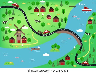 Top view or bird's-eye view or village plan with buildings, mill, structures, roads, bridge, cars, forest, trees, animals and birds. Cartoon map with river. Vector illustration.