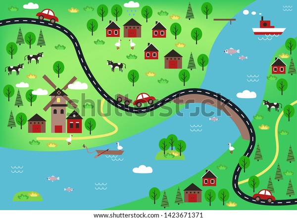 Top view or\
bird\'s-eye view or village plan with buildings, mill, structures,\
roads, bridge, cars, forest, trees, animals and birds. Cartoon map\
with river. Vector\
illustration.
