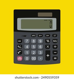 Top View of Black Calculator. Illustration on yellow background