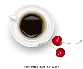 Top view of black coffee cup with cherries isolated on white background. Photo-realistic vector.