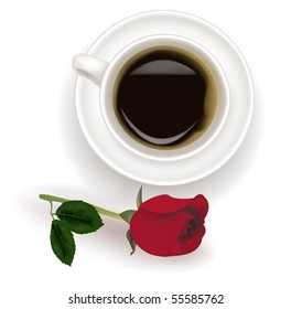 Vista superior de la taza de café negra con rosa roja. Vector fotorealista.