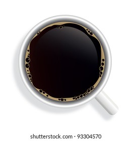 Top view of black coffee cup isolated on white background. Photo-realistic vector.